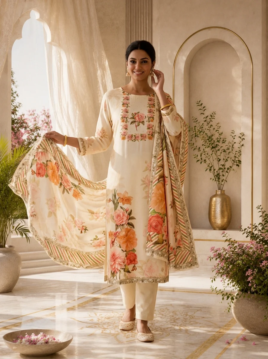 Cream Floral Digital Print Silk Three Piece Set - Image 2