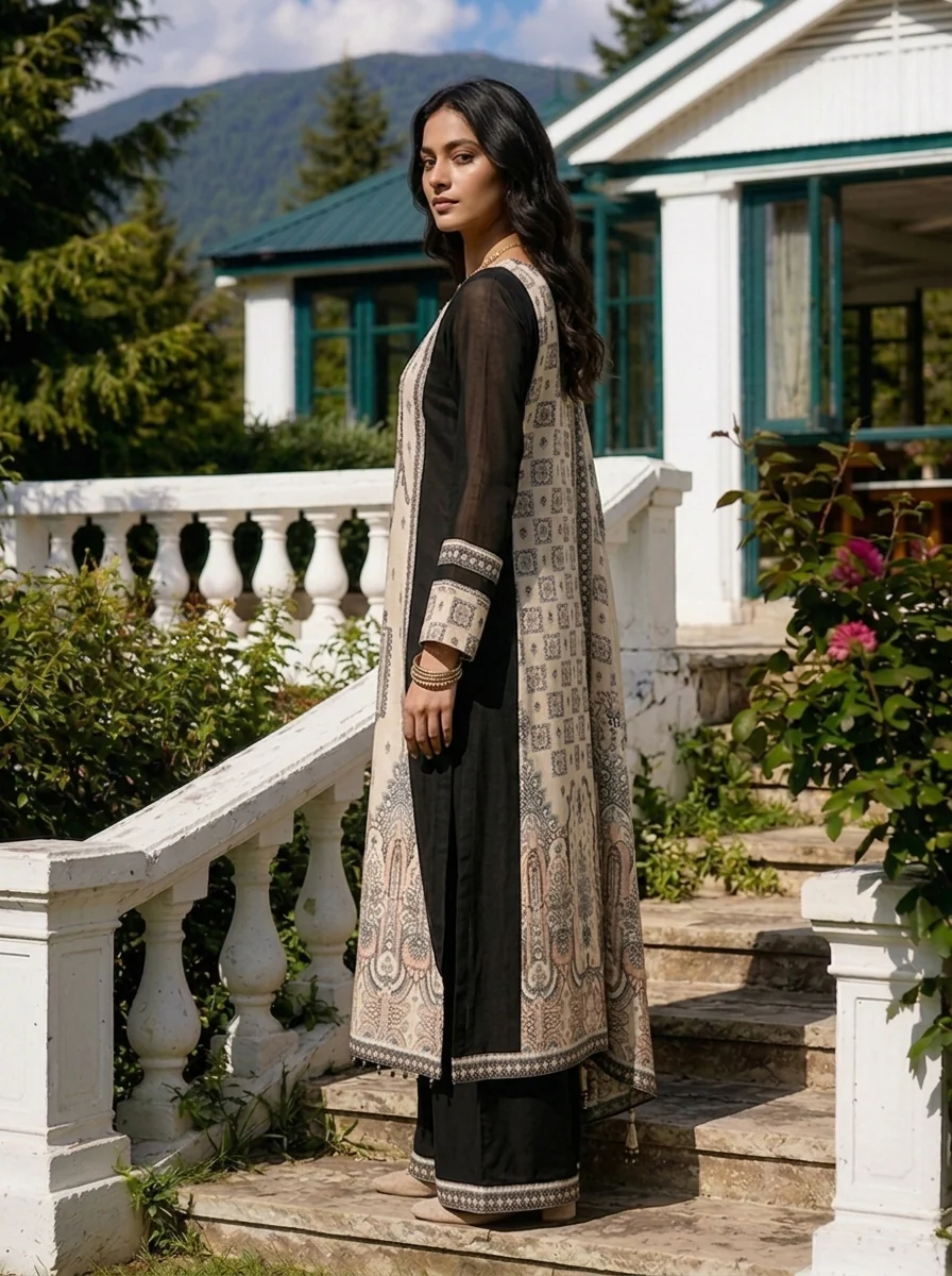 Cream Georgette Mughal Printed Three Piece Set - Image 4
