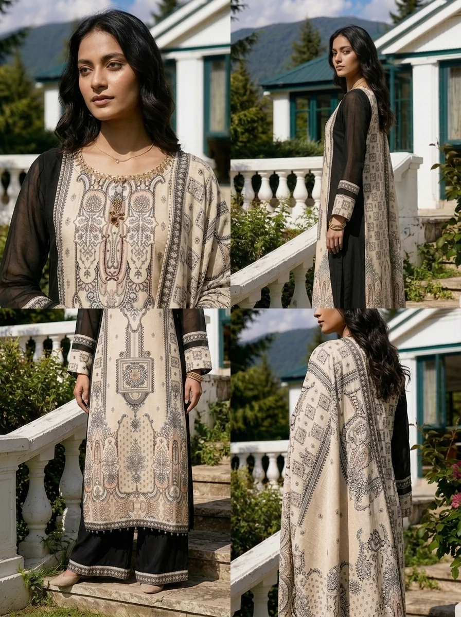 Cream Georgette Mughal Printed Three Piece Set - Image 5
