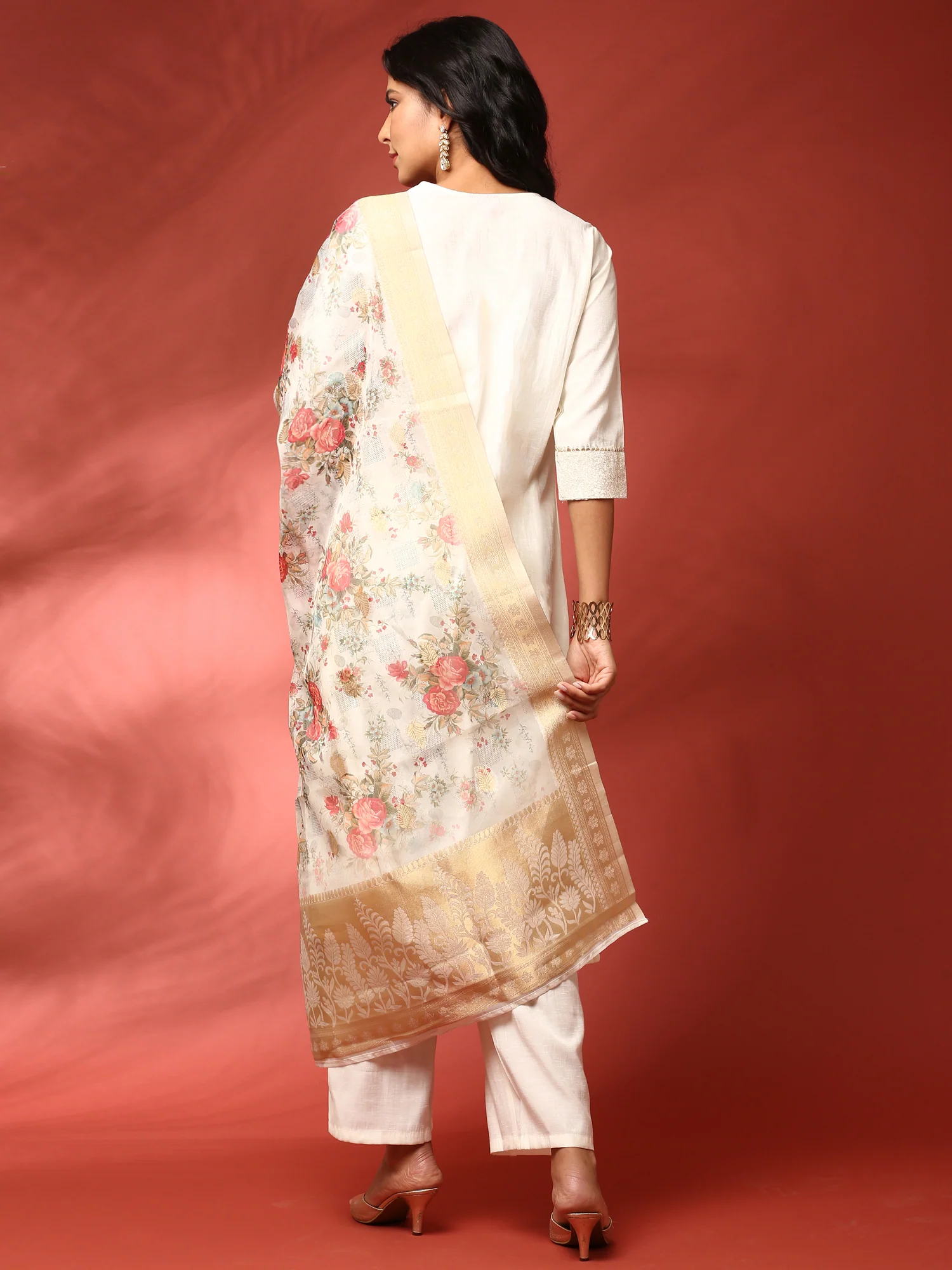 Cream Linen Fabric Thread work three piece suit set - Image 3