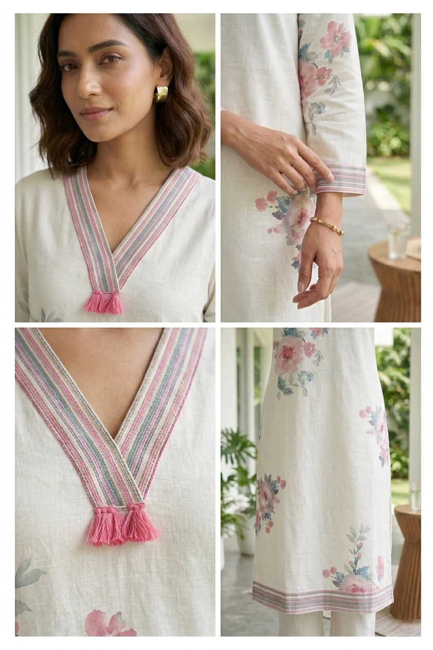 Cream Linen Floral Digital Printed Kurta - Image 5