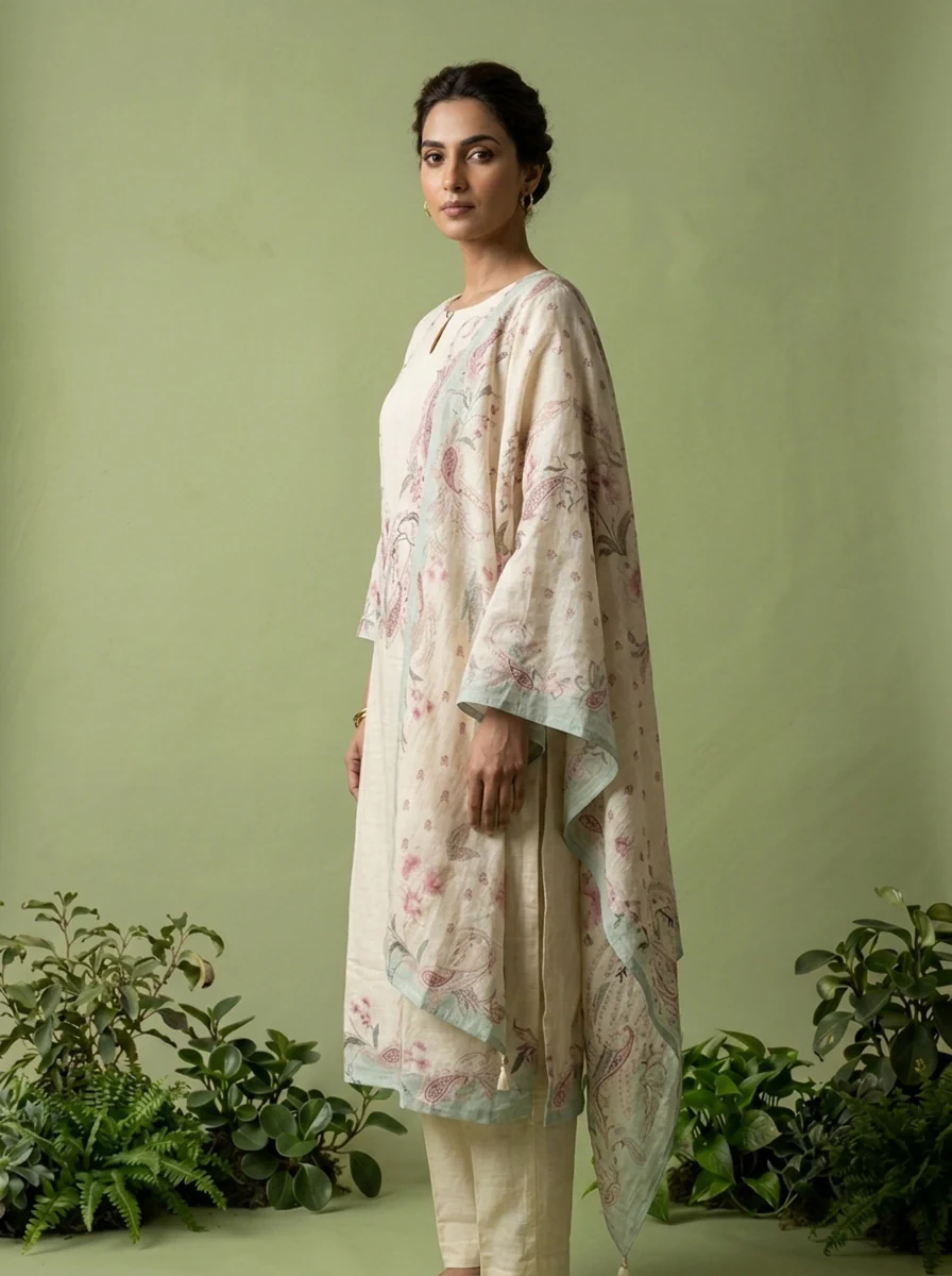 Cream Linen Floral Printed And Sequins Embroidered Three Piece Set - Image 3