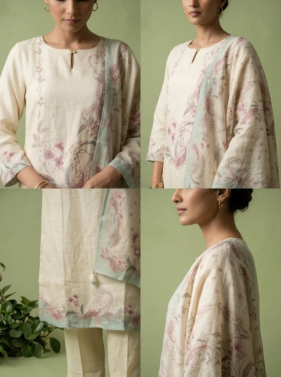 Cream Linen Floral Printed And Sequins Embroidered Three Piece Set - Image 5