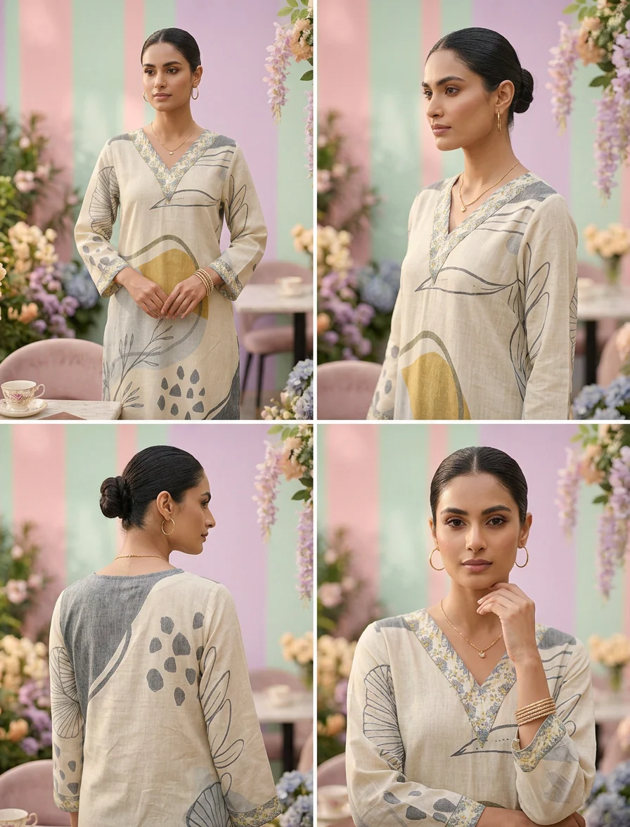 Cream Linen Printed Two Piece Set - Image 3