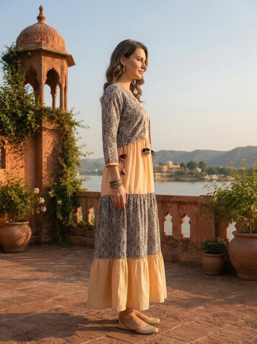 Cream Muslin Ajrakh Block Printed Dress - Image 3