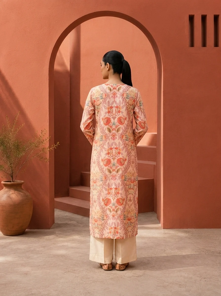 Cream Muslin Digital Mughal Floral Jaali Printed Two Piece Set - Image 2
