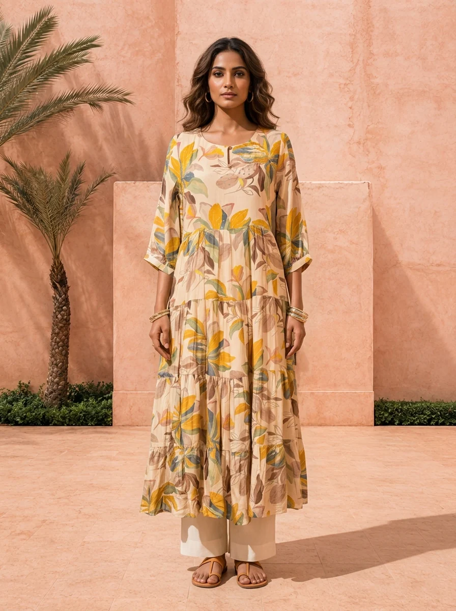Cream Muslin Floral Printed Long Dress - Image 2