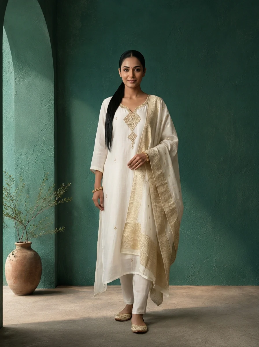 Cream Muslin Heavy Double Pendant Embroidered Three Piece Set - Image 2