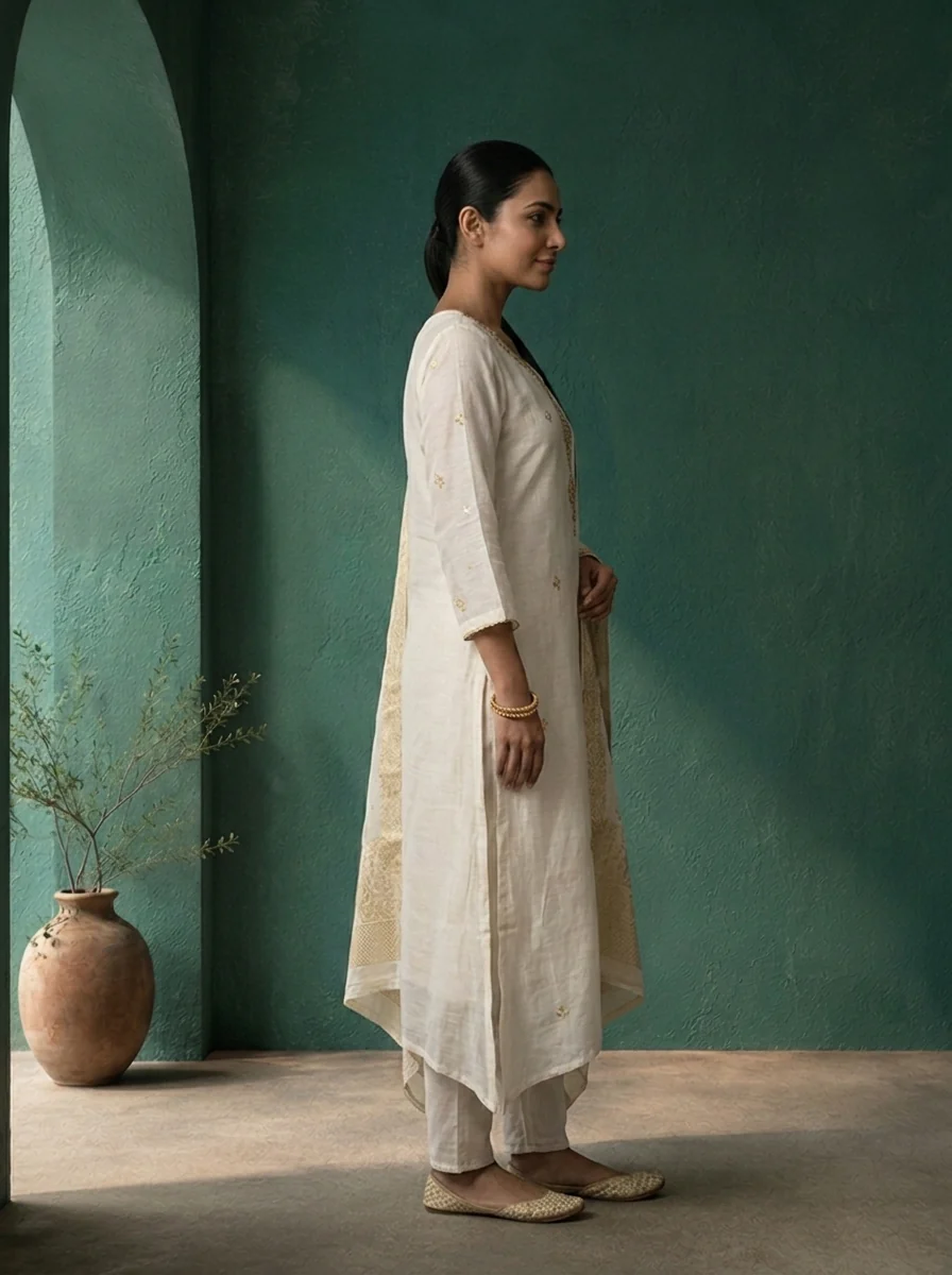 Cream Muslin Heavy Double Pendant Embroidered Three Piece Set - Image 4