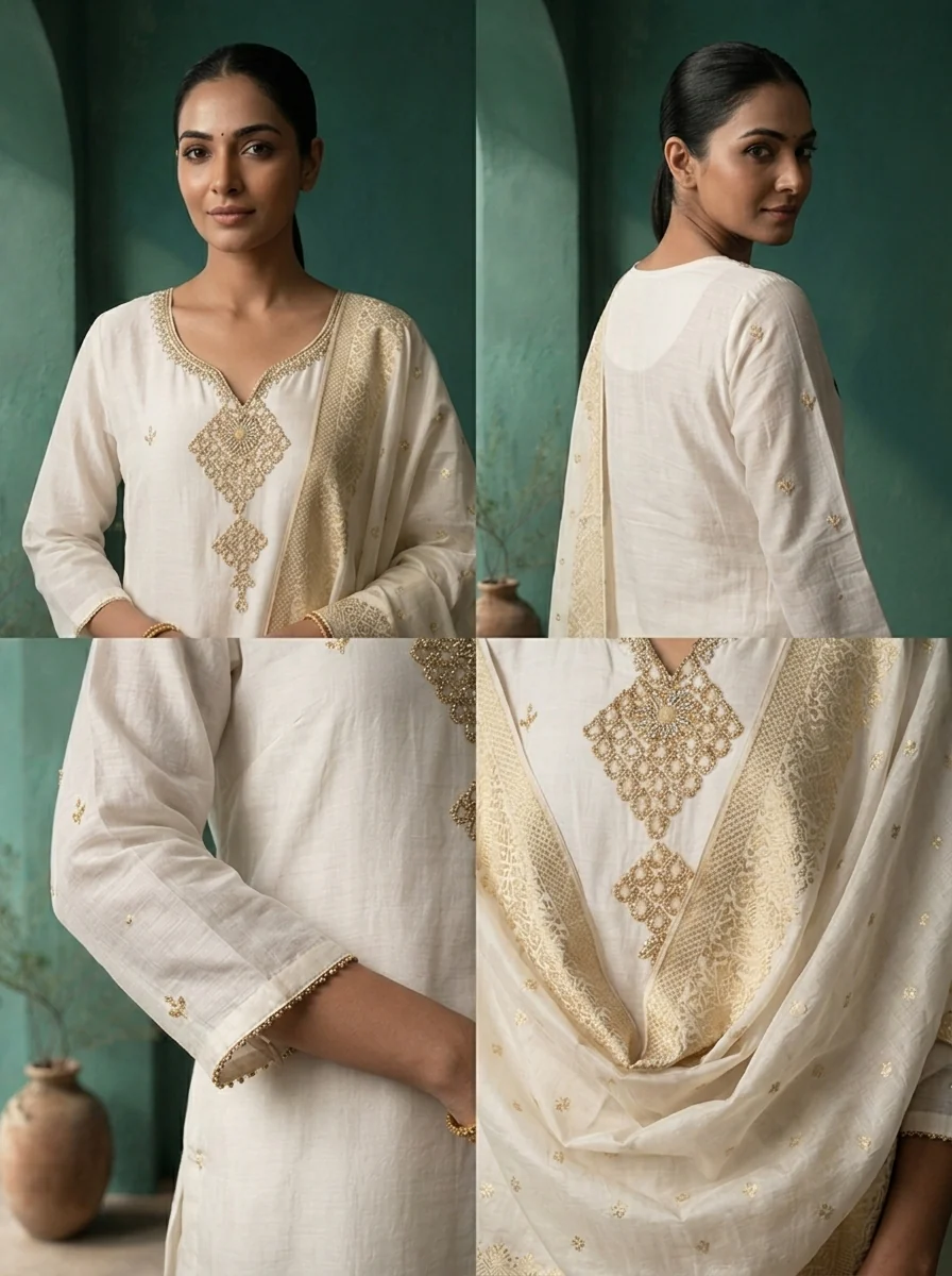 Cream Muslin Heavy Double Pendant Embroidered Three Piece Set - Image 5