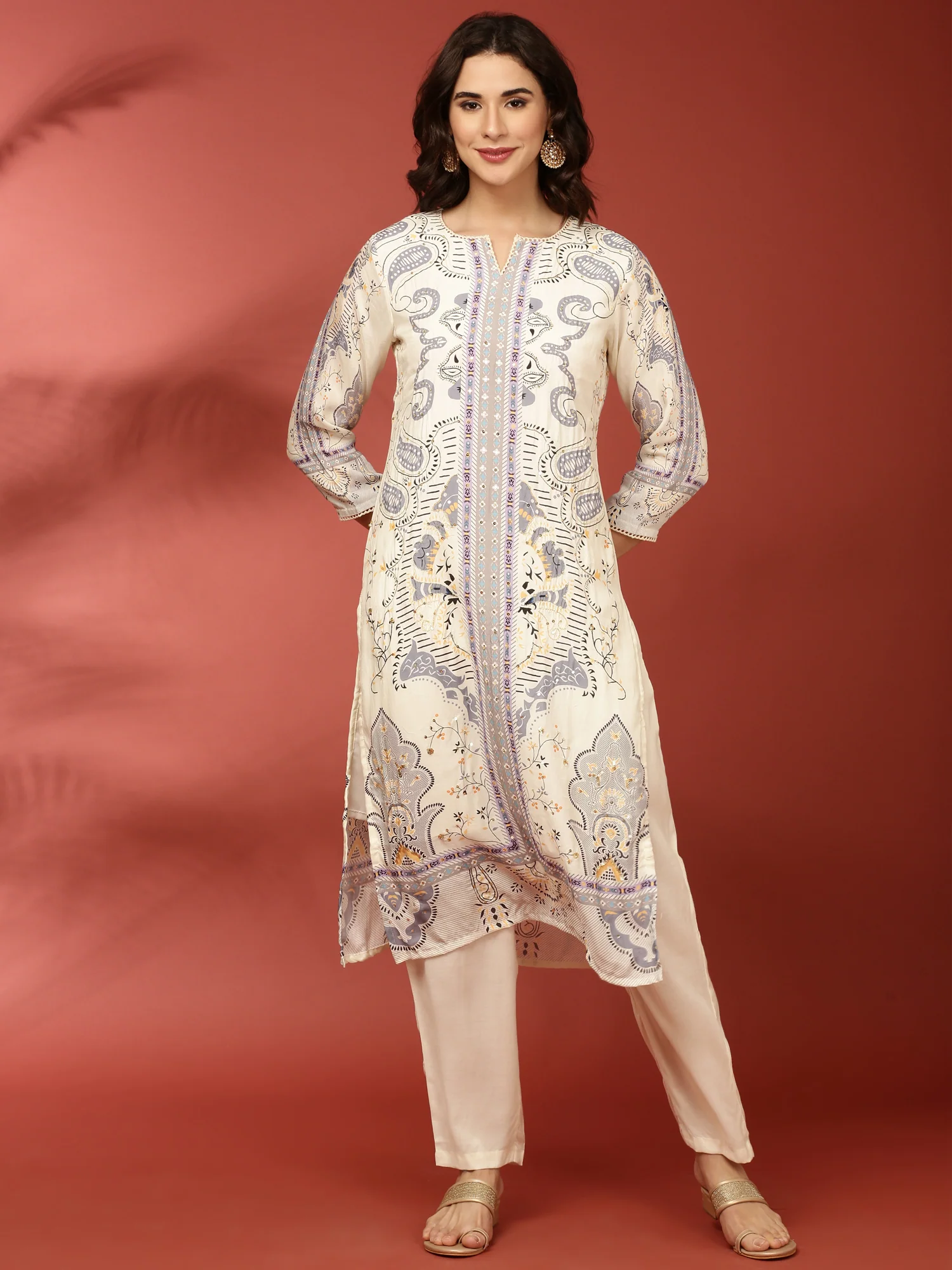 Cream Muslin Printed Two Piece Set