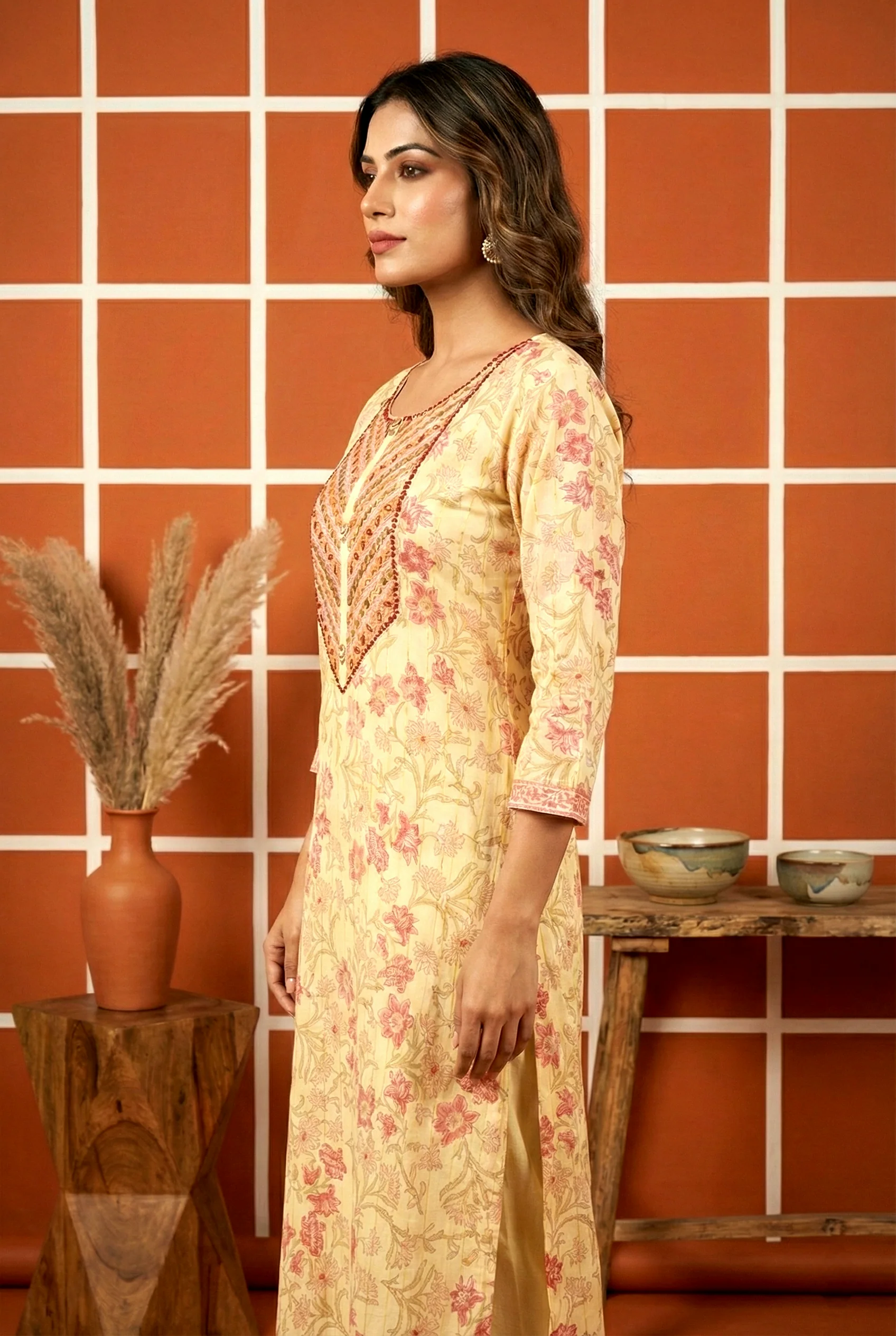 Cream Muslin Zari Embroidery Kurta - Image 2