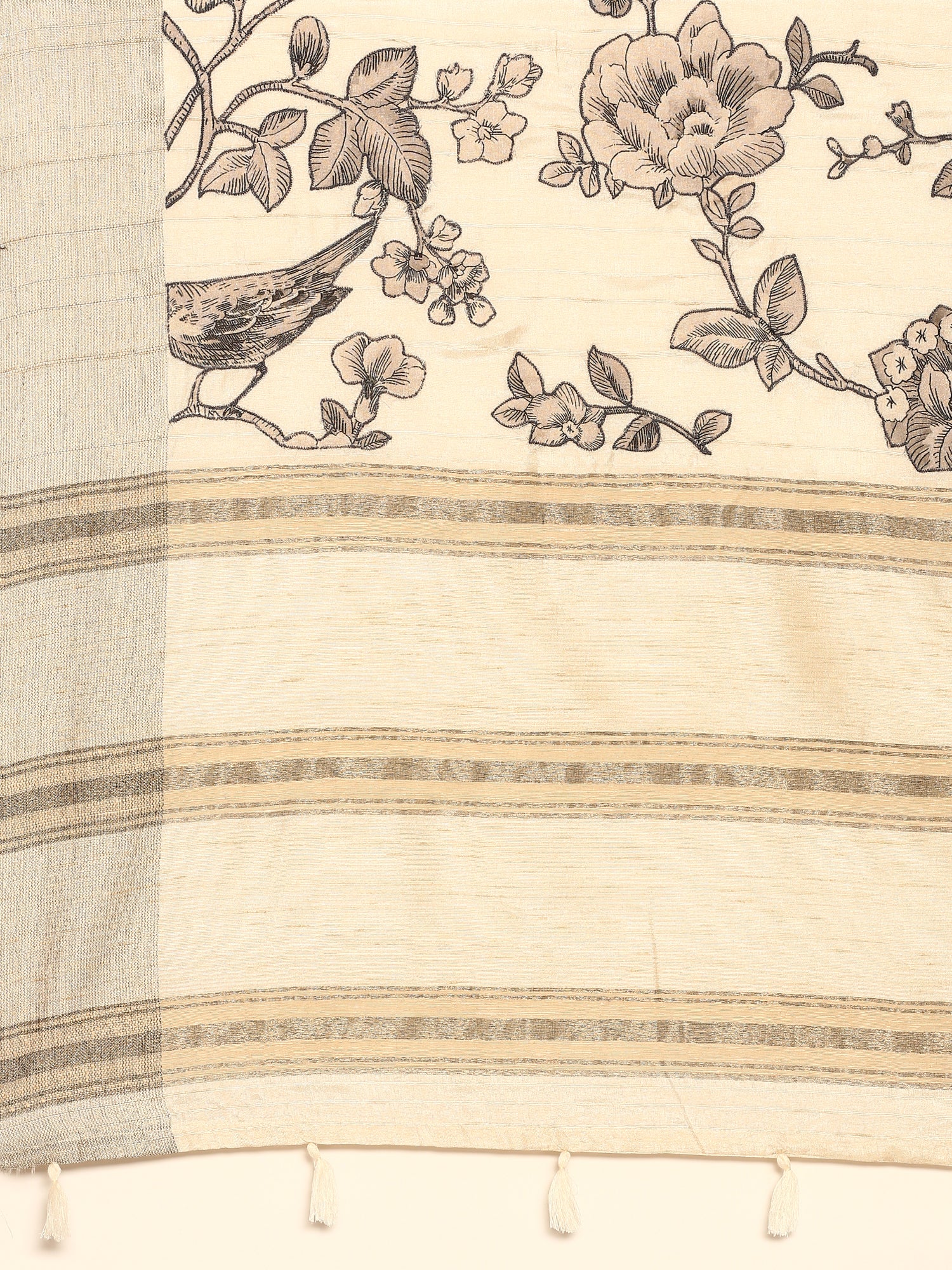 Cream Natural Dupion Saree With Floral Print - Image 6