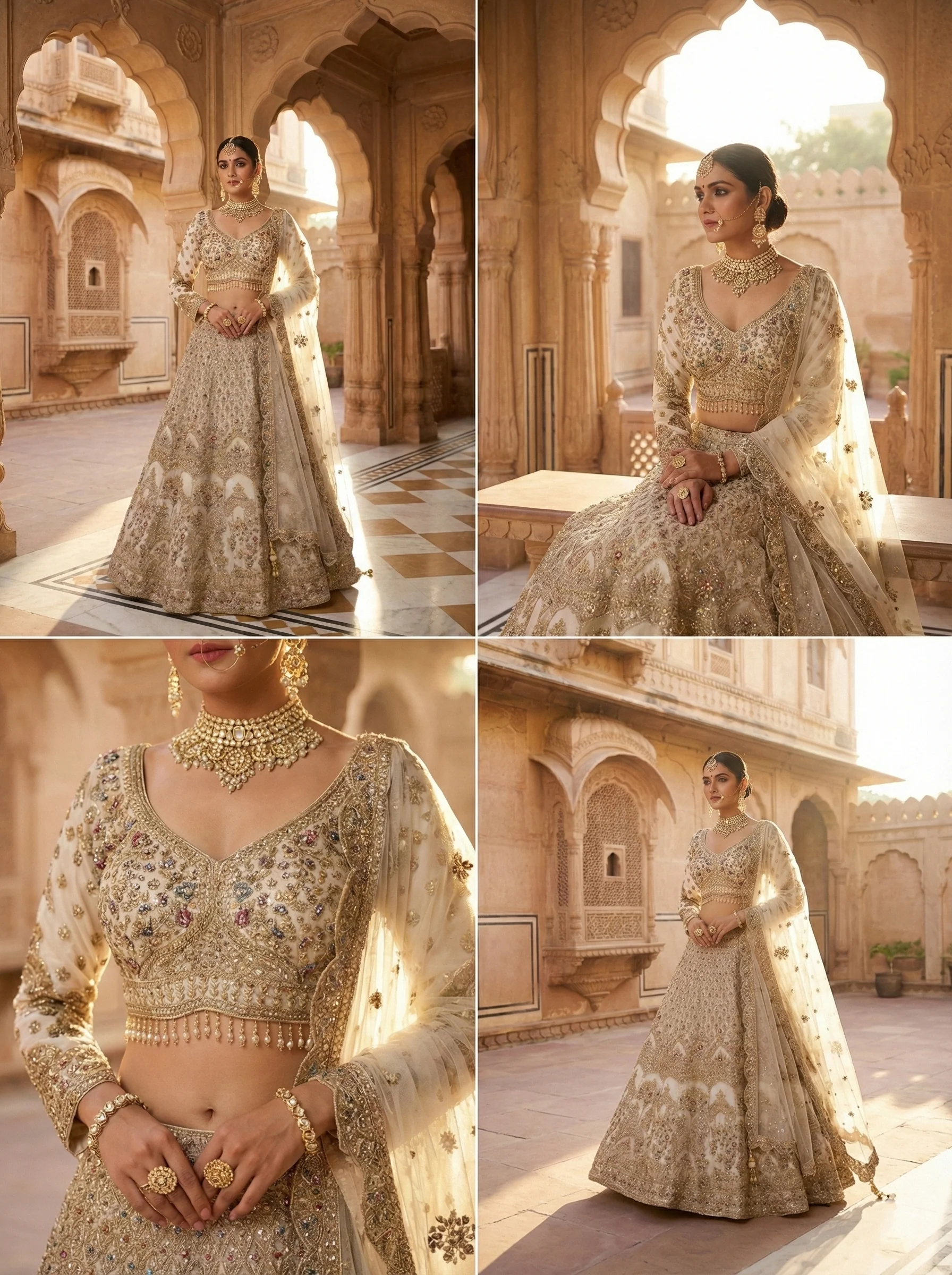 Cream Net Heavy Hand Embroidered Ghagra Set - Image 2