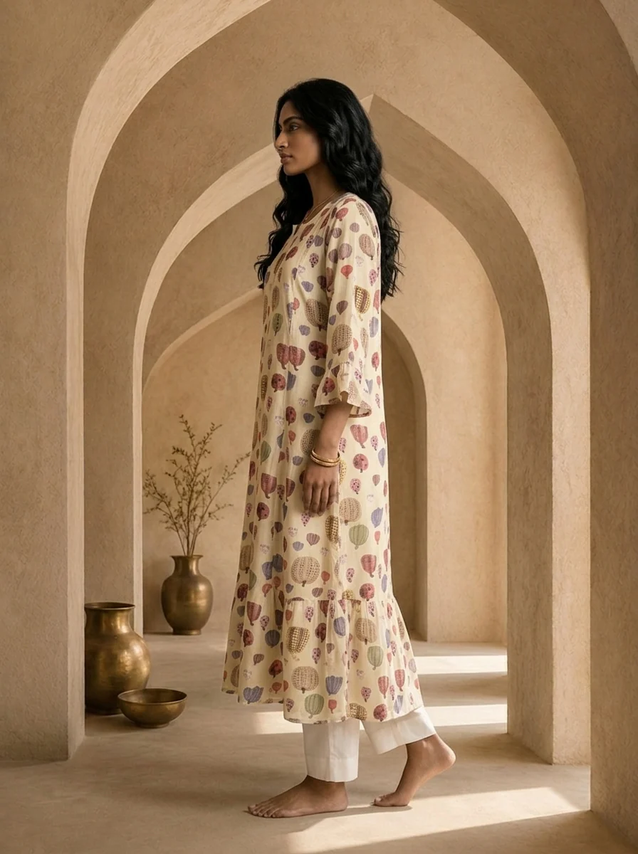 Cream Printed A-Line Crepe Kurta - Image 2