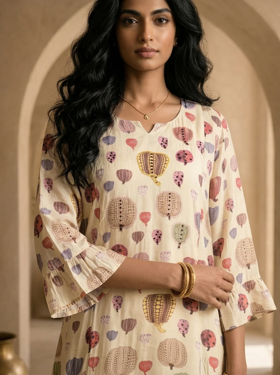 Cream Printed A-Line Crepe Kurta - Image 3