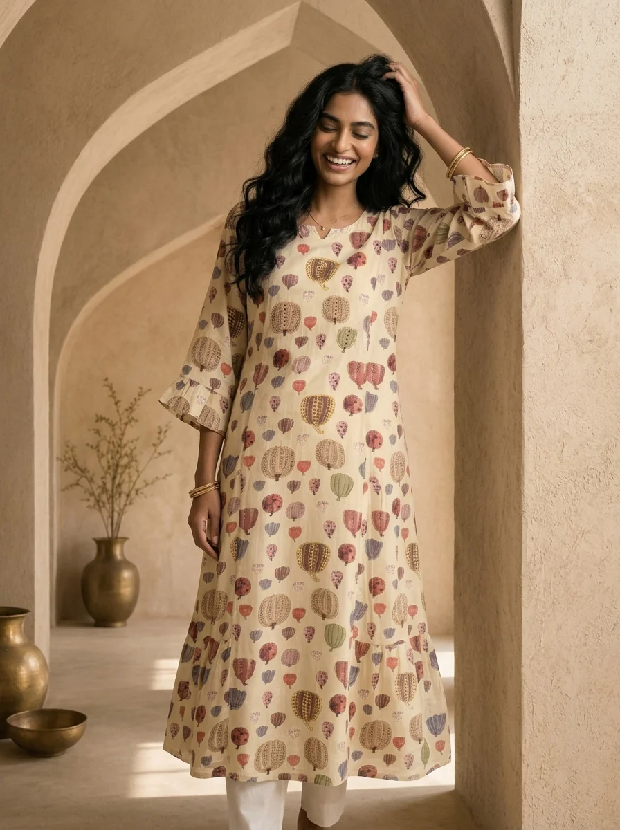 Cream Printed A-Line Crepe Kurta - Image 5