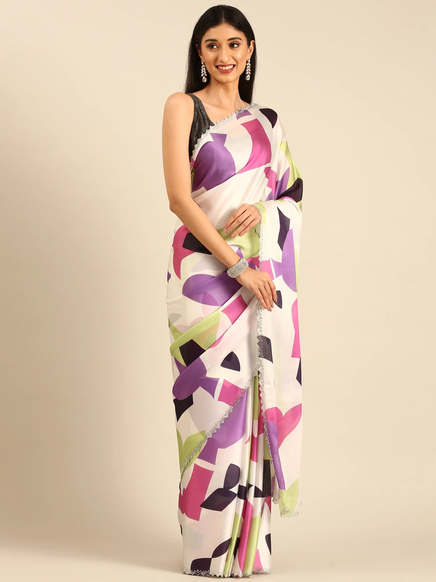Cream & Purple Printed Satin Saree With Swarovski Embroidery - Image 4