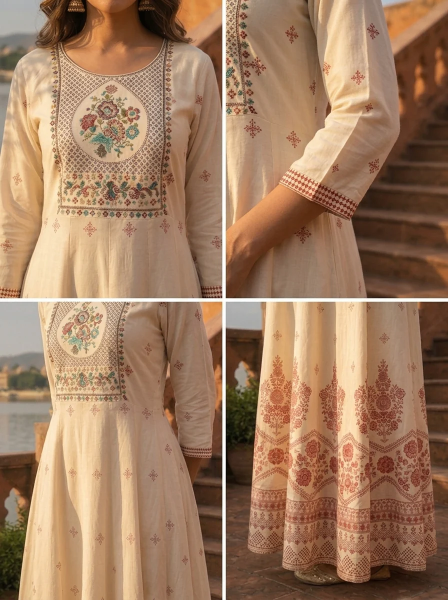 Cream Rayon Floral Ethnic Motif Printed Dress - Image 6