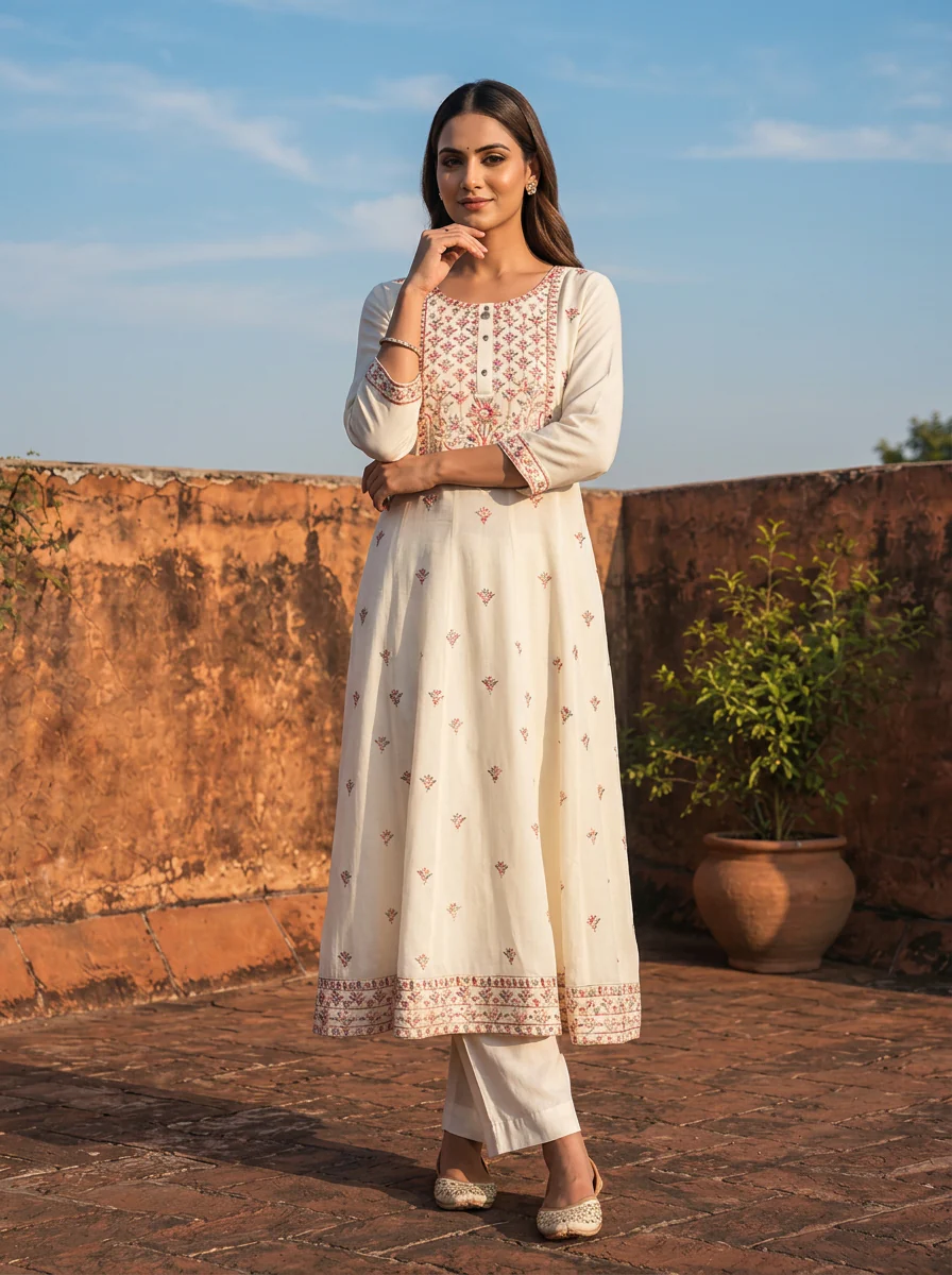 Cream Rayon Multi Color Thread Embroidered Kurta