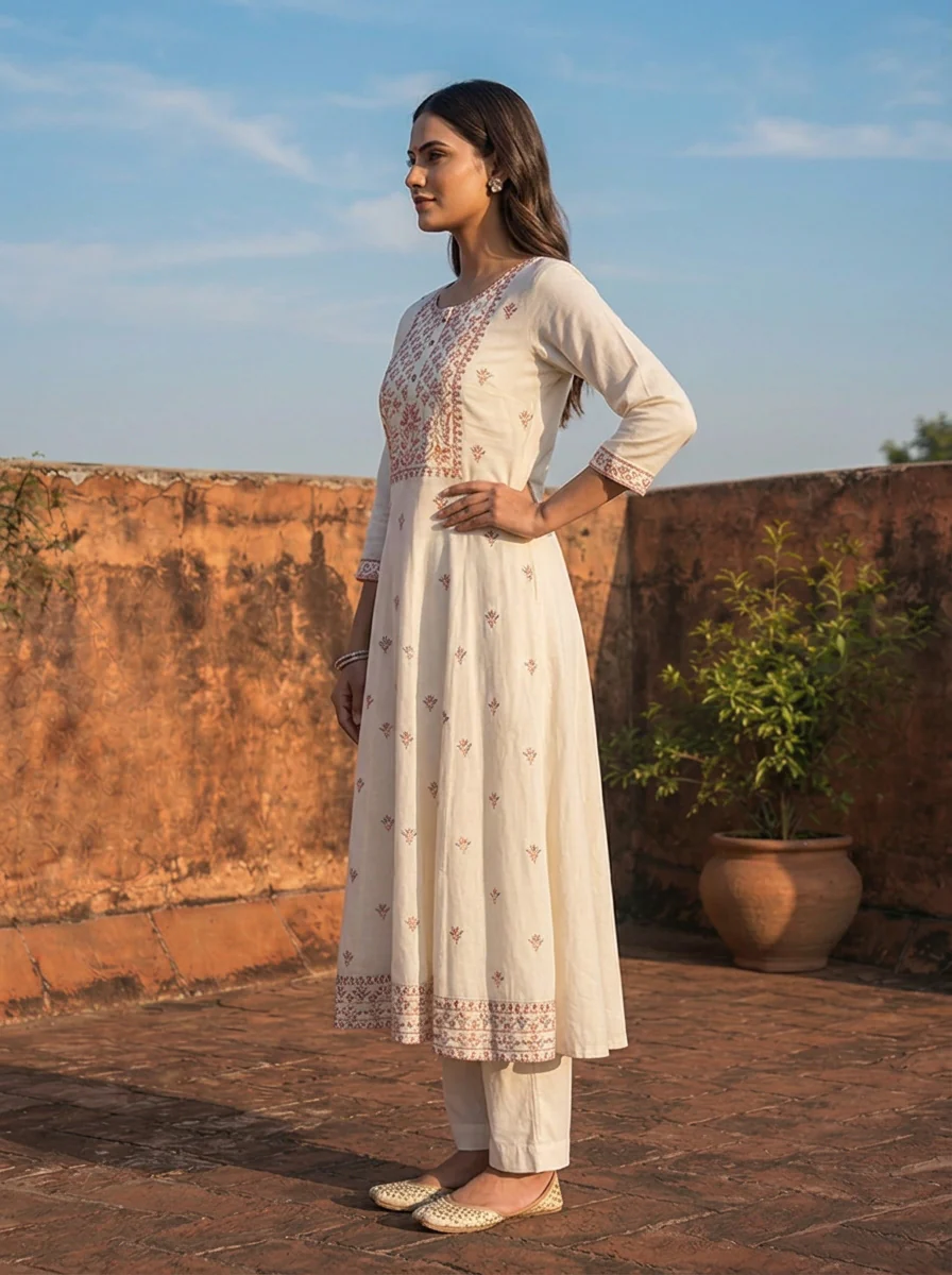 Cream Rayon Multi Color Thread Embroidered Kurta - Image 3