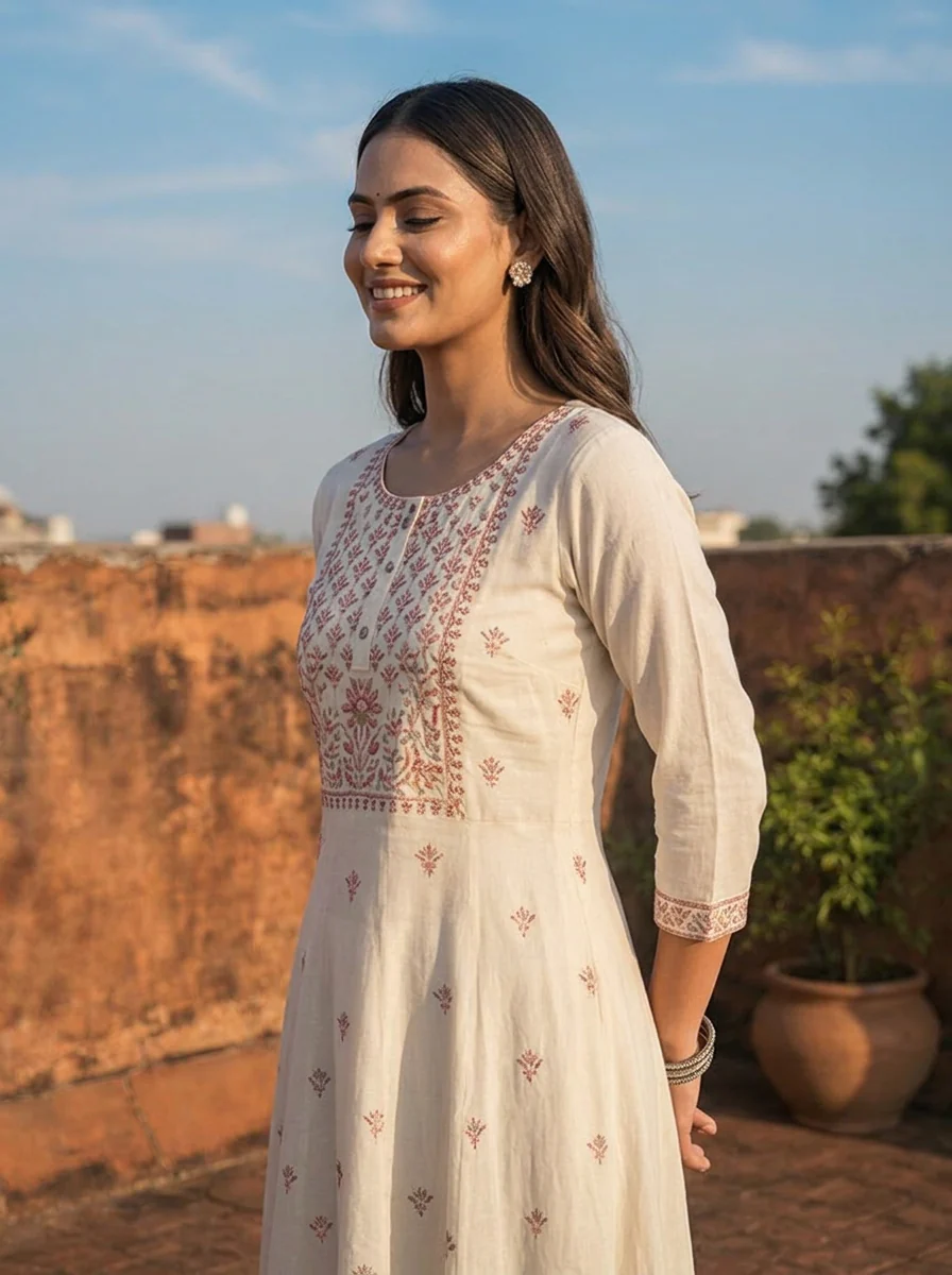 Cream Rayon Multi Color Thread Embroidered Kurta - Image 4