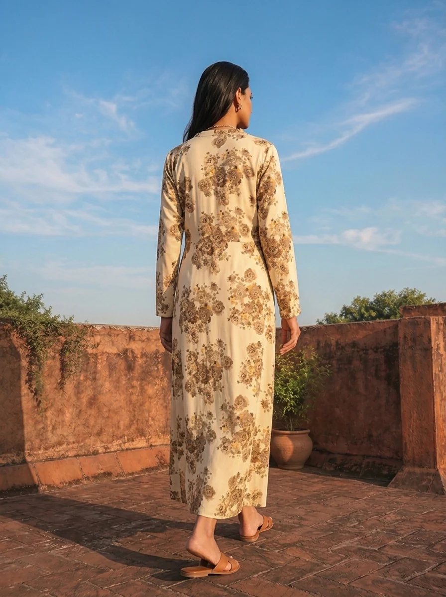 Cream Rayon Sepia Rose Printed Dress - Image 2