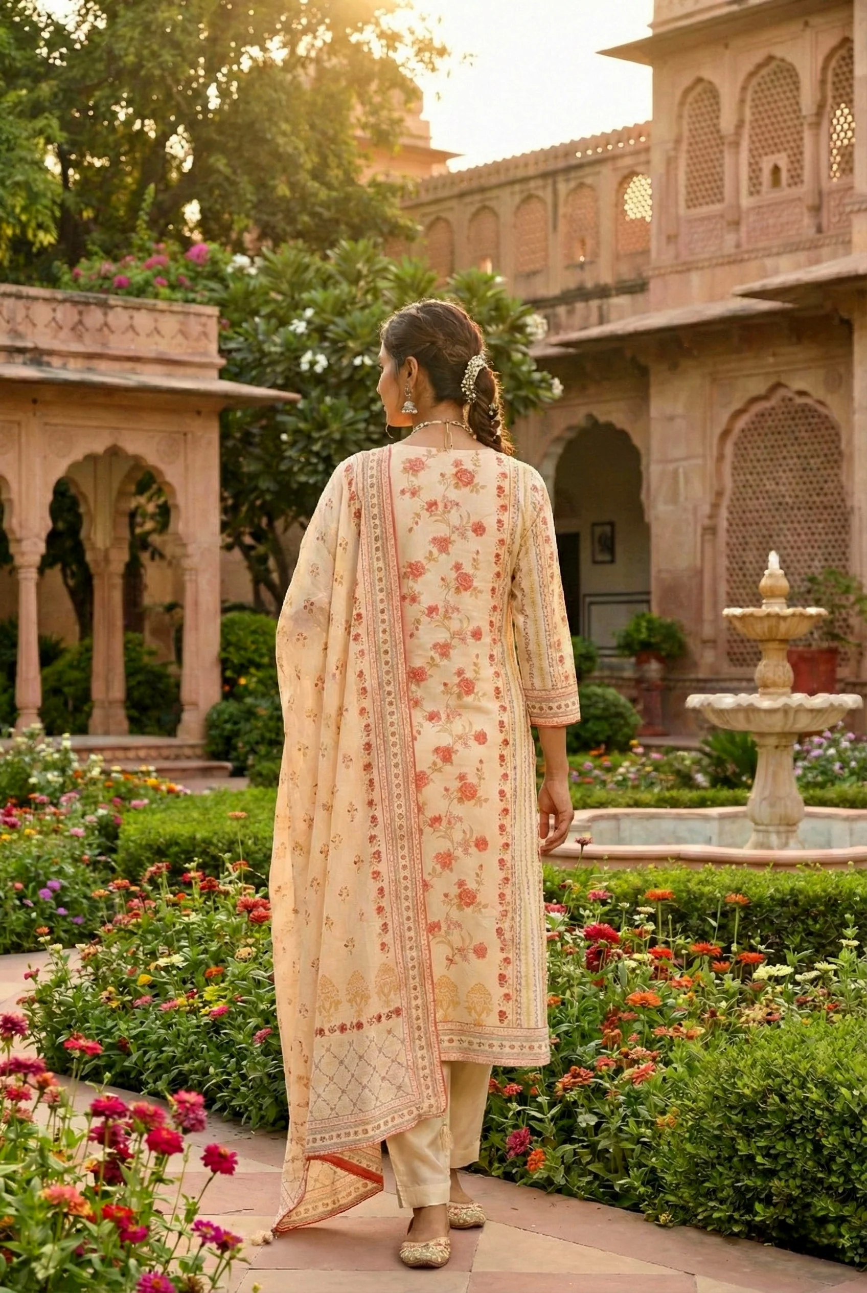 Cream Silk Floral Digital Printed Three Piece Set - Image 3