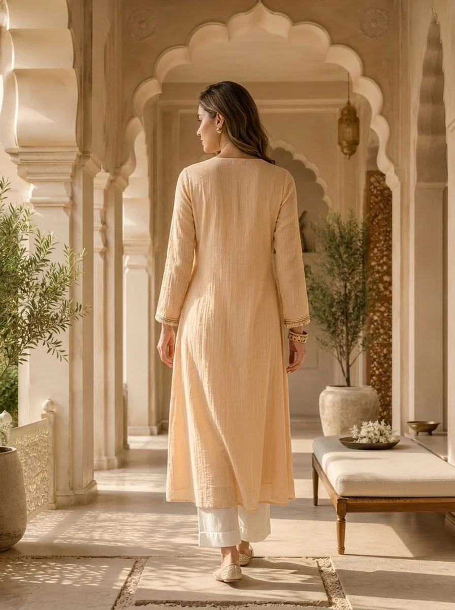 Cream Silk Floral Sequins And Mirror Embroidered Kurta - Image 3