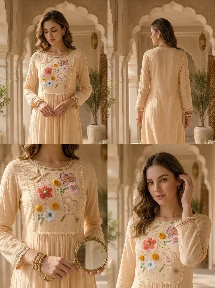 Cream Silk Floral Sequins And Mirror Embroidered Kurta - Image 5