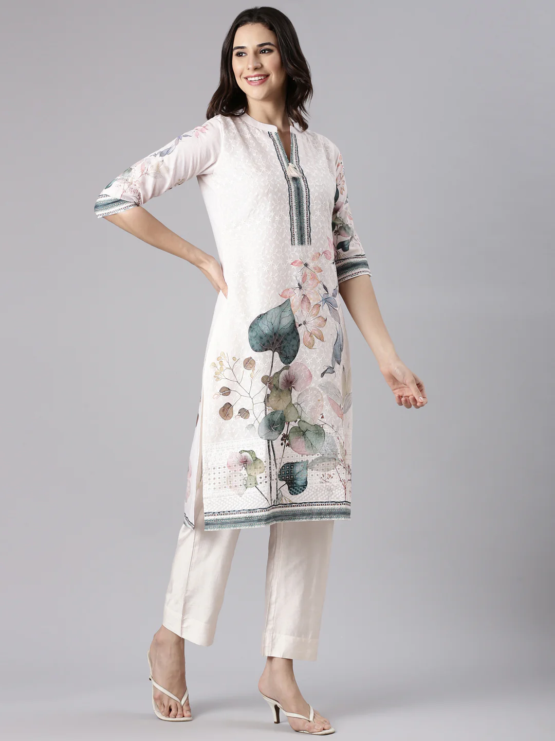 Cream Slub Cotton Printed Three Piece Set - Image 2