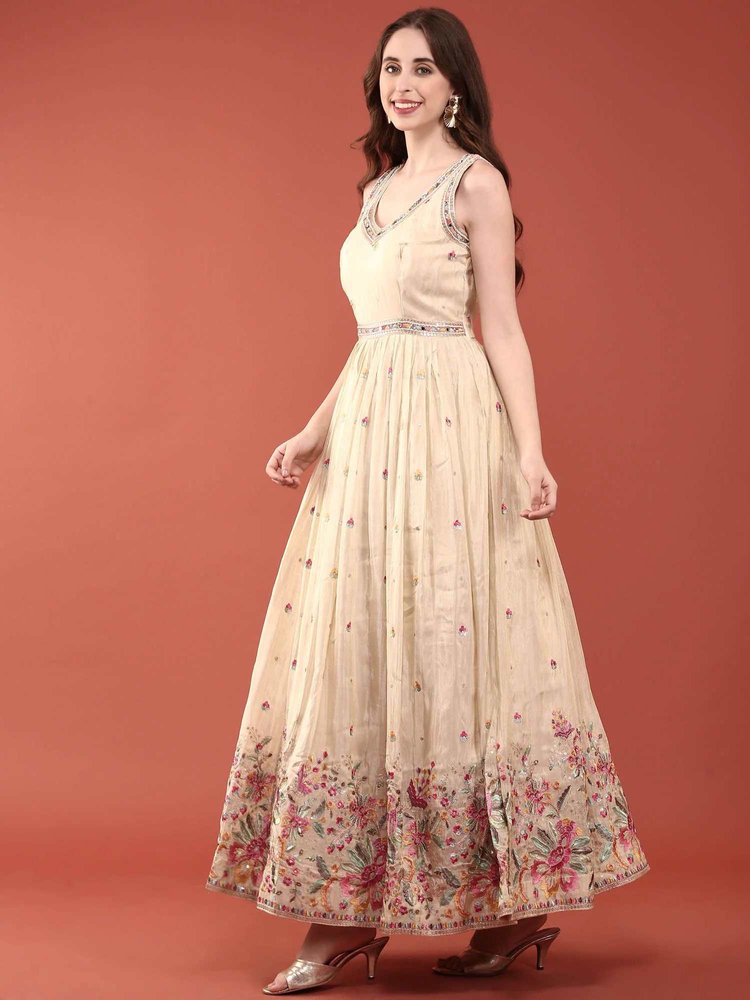 Cream Tissue Floral Embroidered Anarkali Set - Image 3