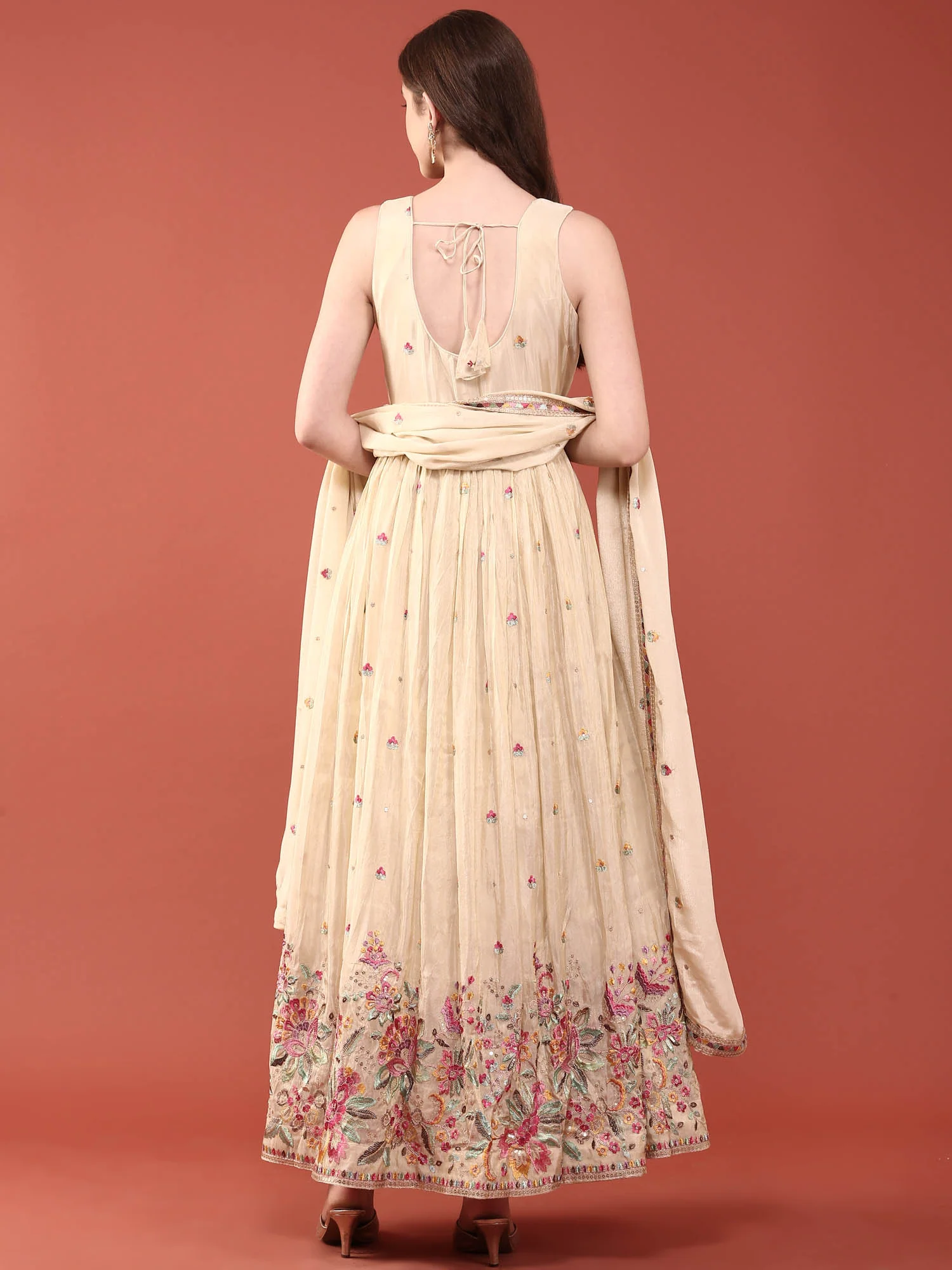 Cream Tissue Floral Embroidered Anarkali Set - Image 4