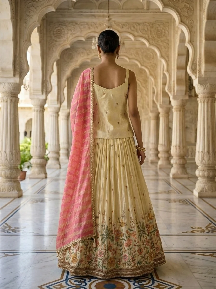 Cream Tissue Floral Thread Embroidered Ghagra Set - Image 2