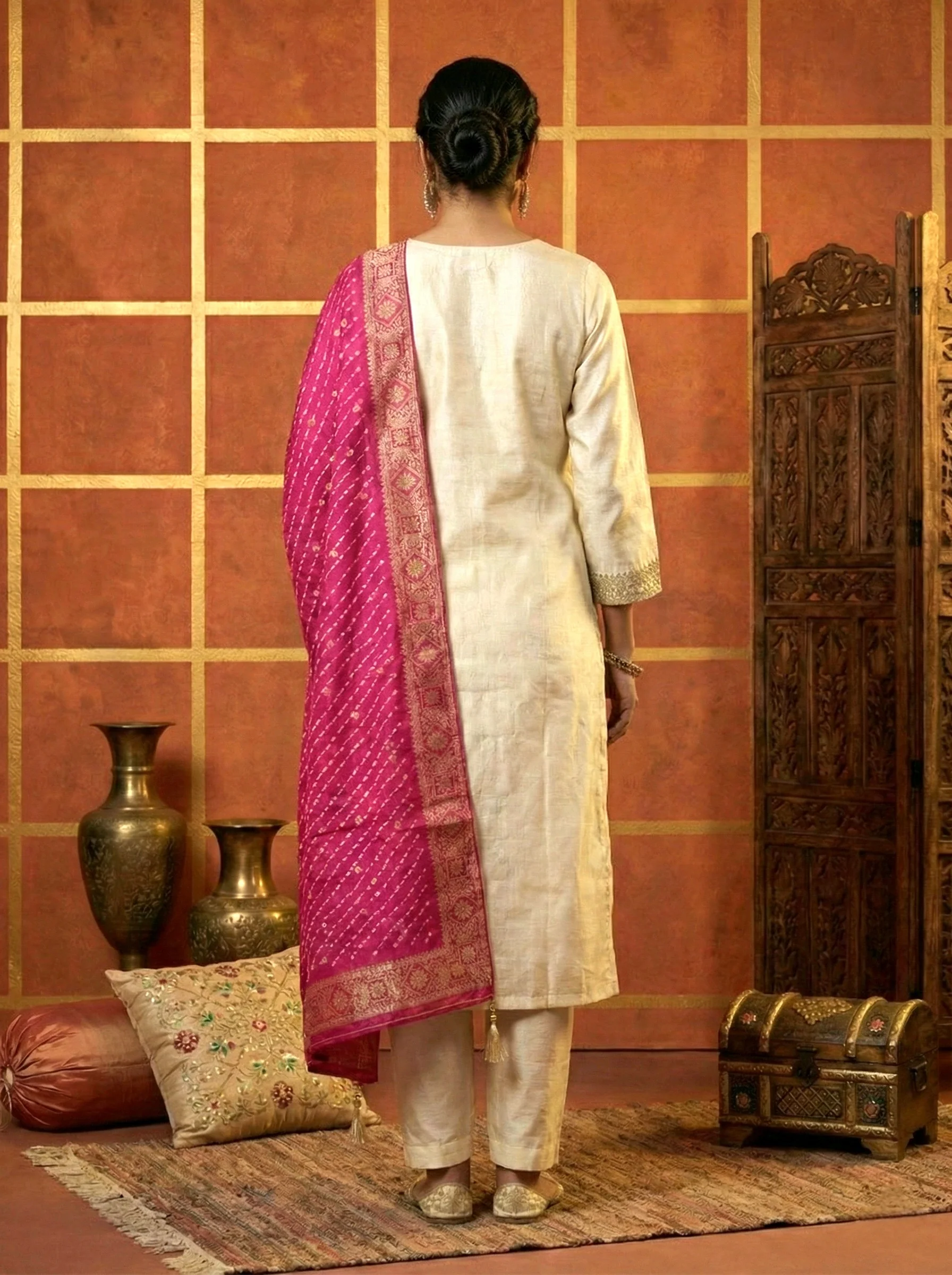 Cream Tissue Zari Embroidery Three Piece Set With Contrast Dupatta - Image 3