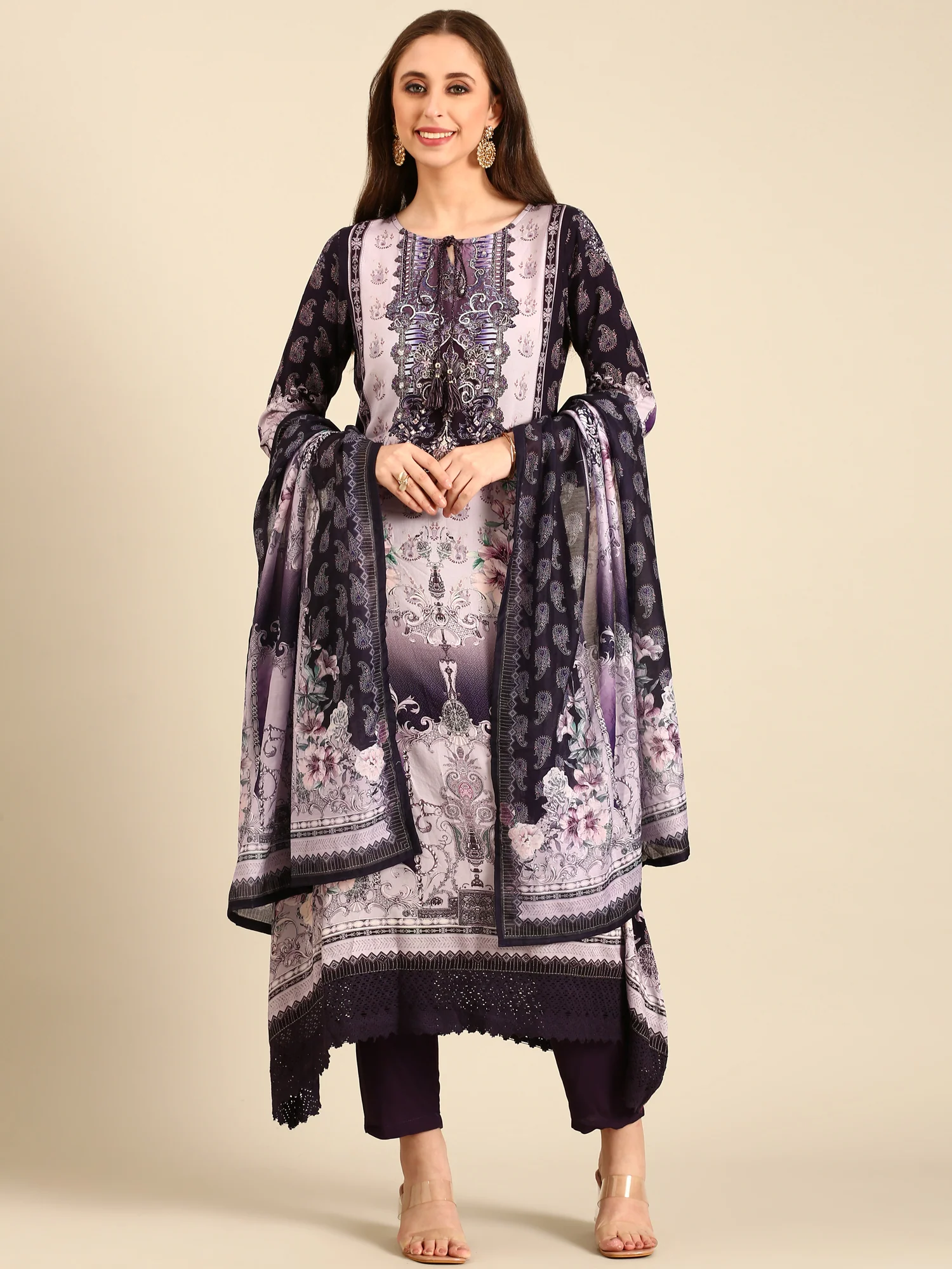 Deep Purple Rayon fabric three piece printed suit - Image 2