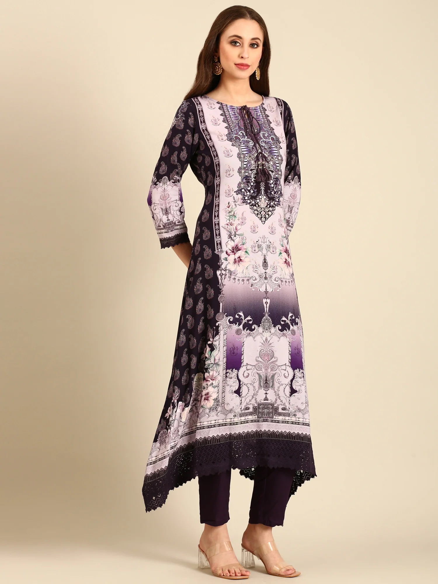 Deep Purple Rayon fabric three piece printed suit - Image 3