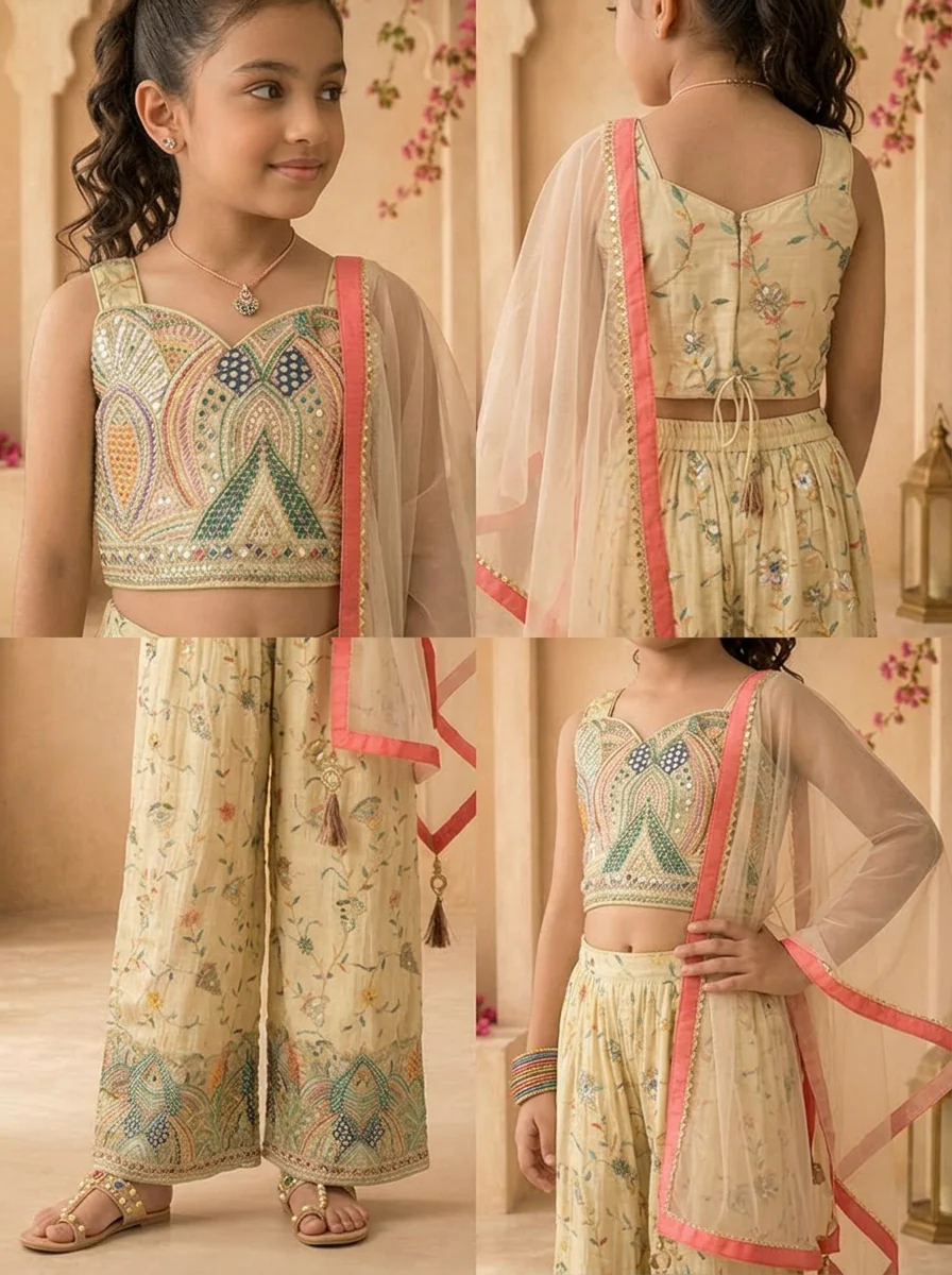 Fawn Tissue Floral Thread Embroidered Palazzo Set - Image 5