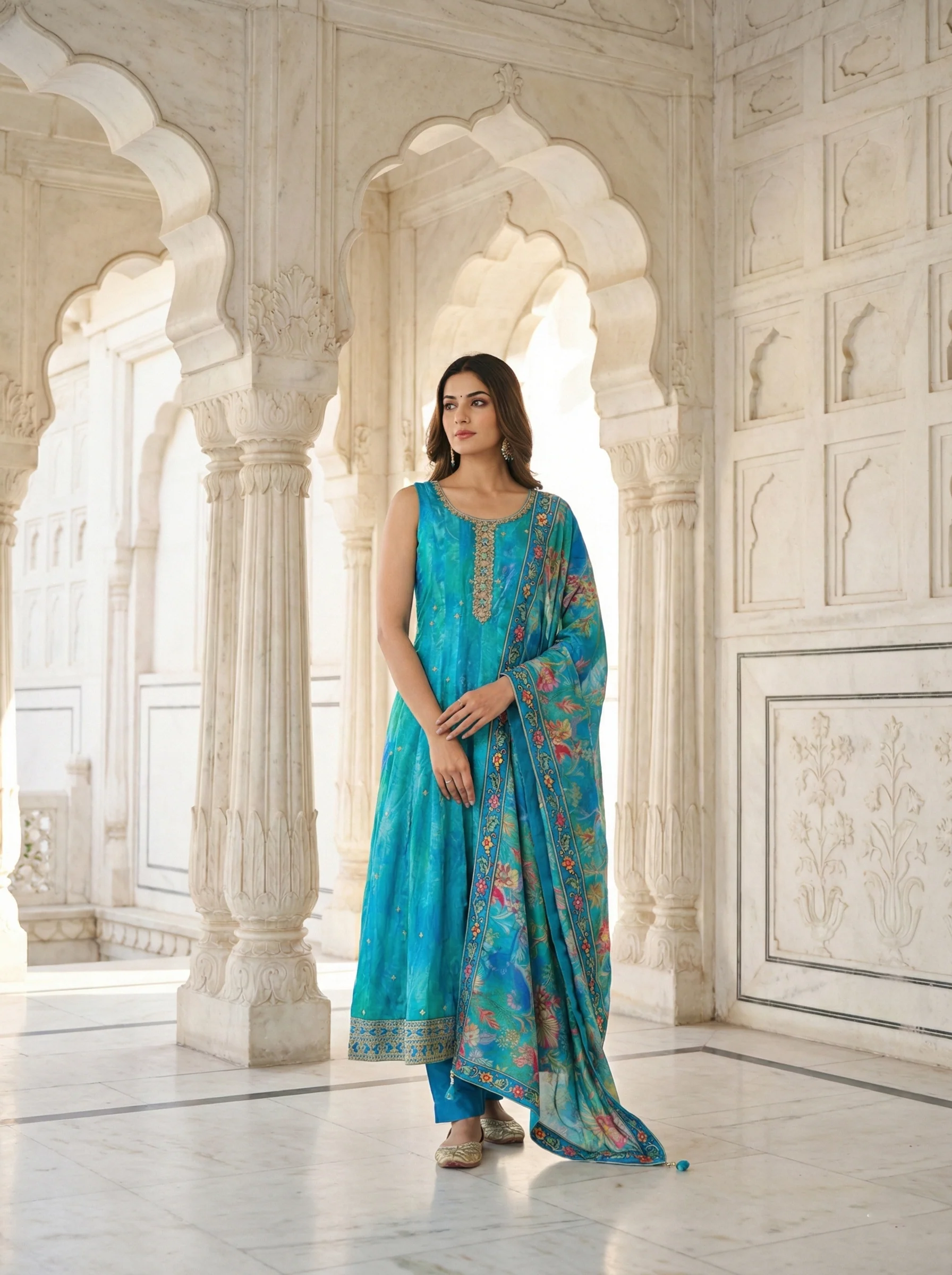 Ferozi Silk Floral Digital Print Suit Set