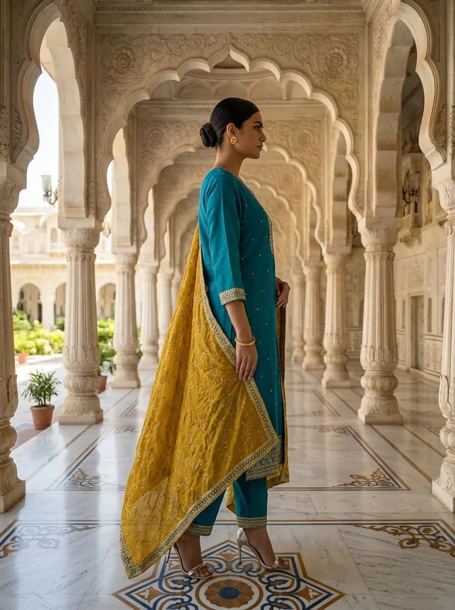 Ferozi Silk Stone And Sequins Embroidered Three Piece Set - Image 2