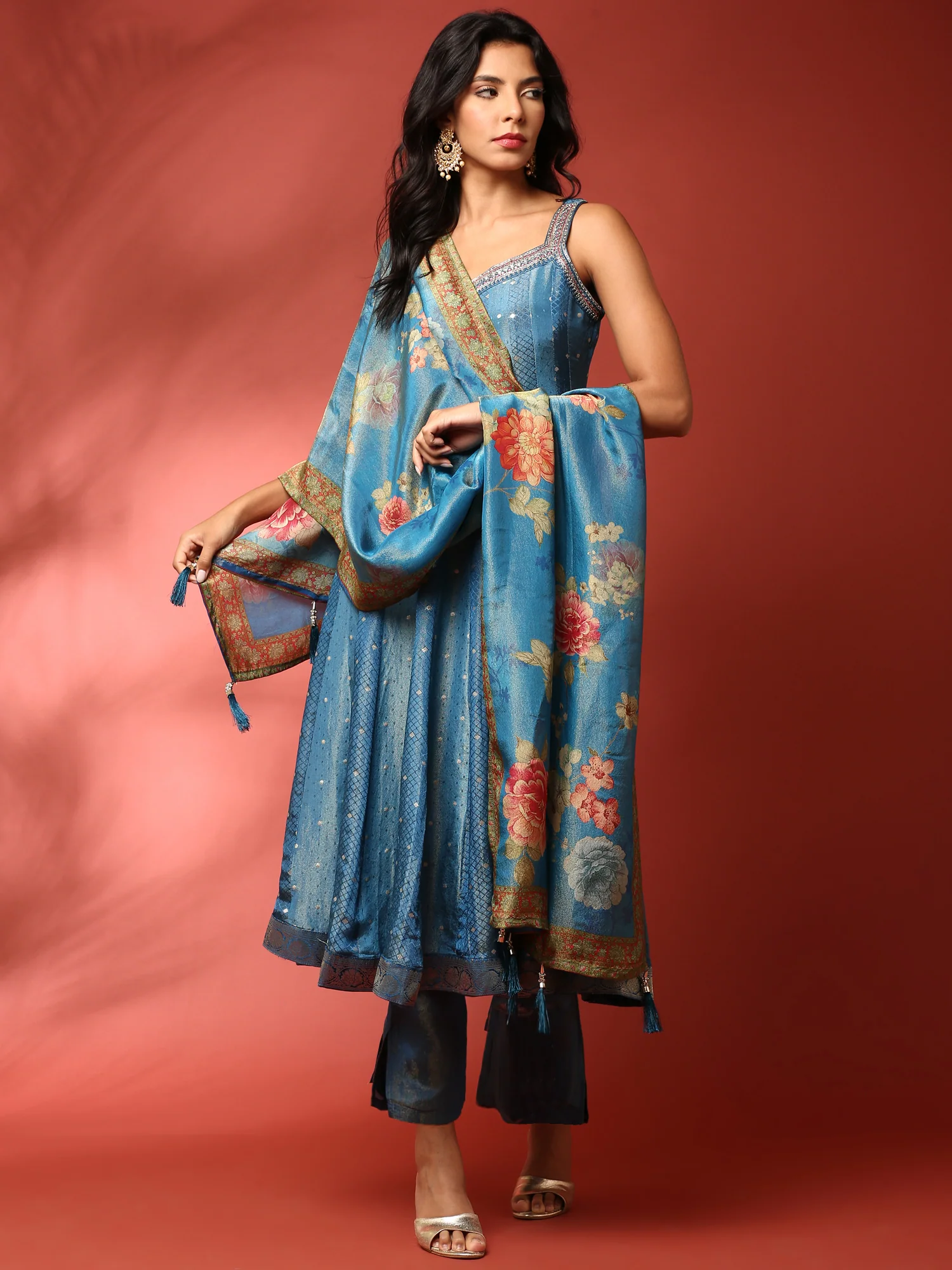 Ferozi tissue fabric anarkali three piece suit set