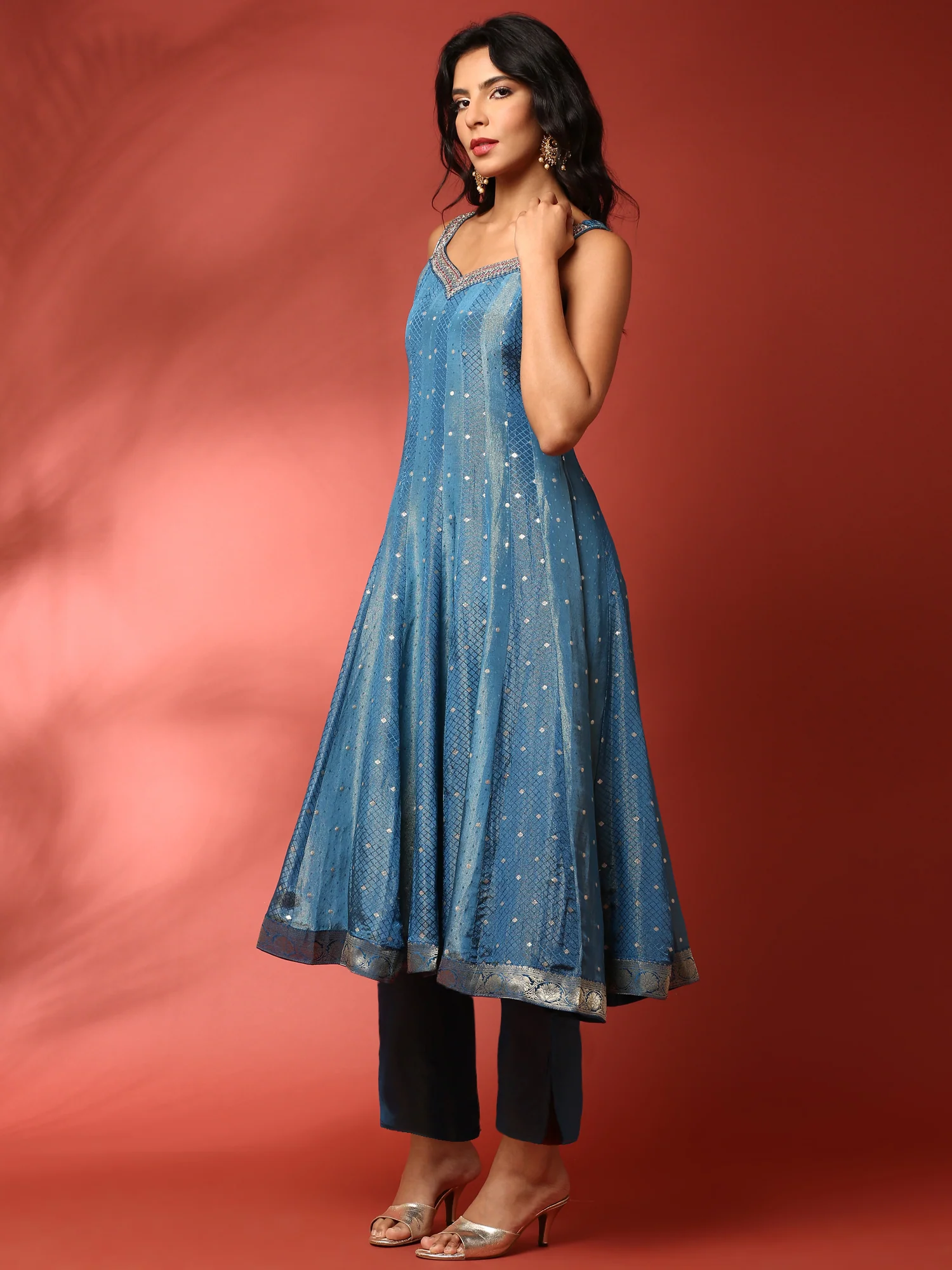 Ferozi tissue fabric anarkali three piece suit set - Image 3