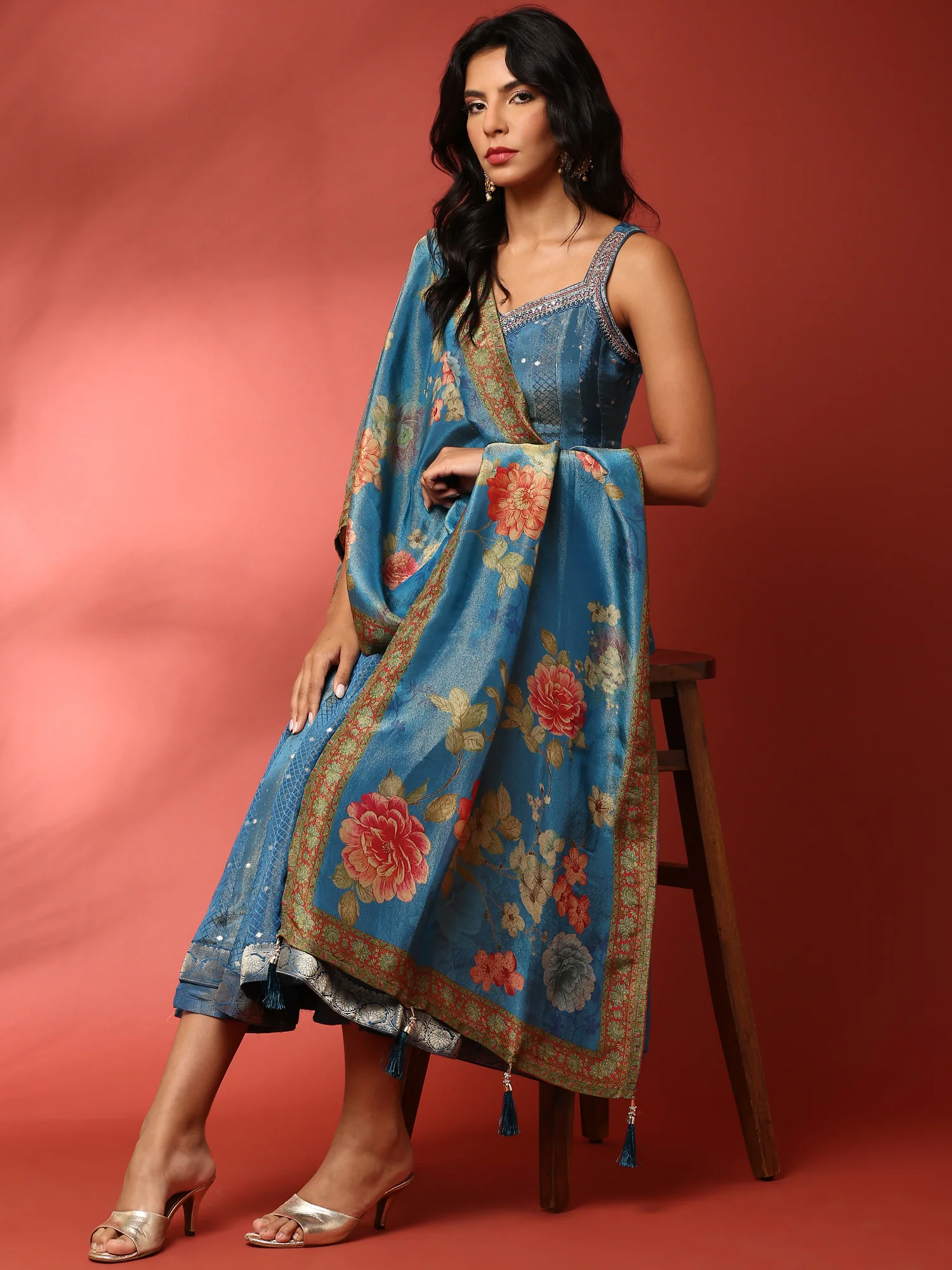 Ferozi tissue fabric anarkali three piece suit set - Image 6