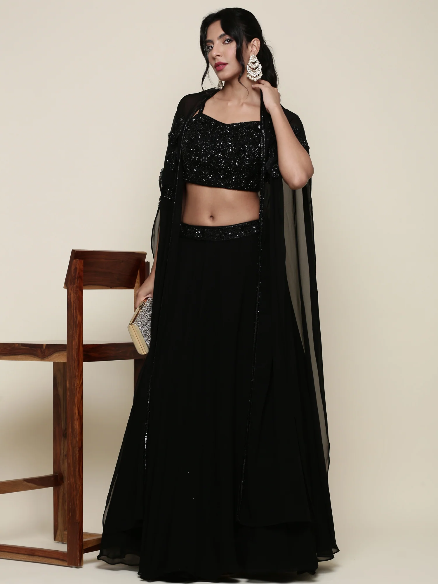 Georgette black embroidered crop top and palazzo set - Image 6