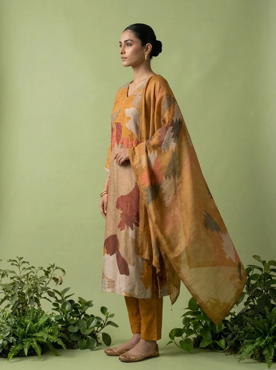 Gold And Beige Rayon Abstract Printed Three Piece Set - Image 2