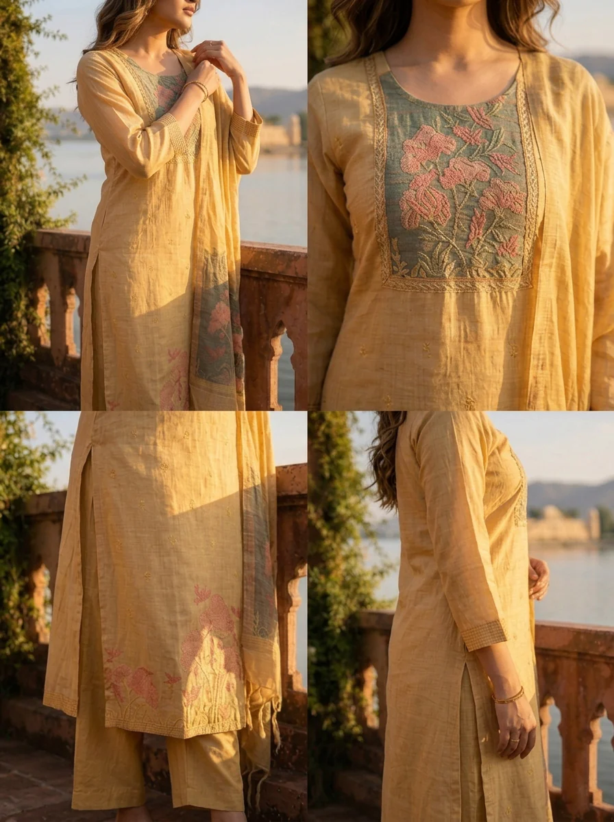 Gold Chanderi Silk Woven Botanical Motif Three Piece Set - Image 6