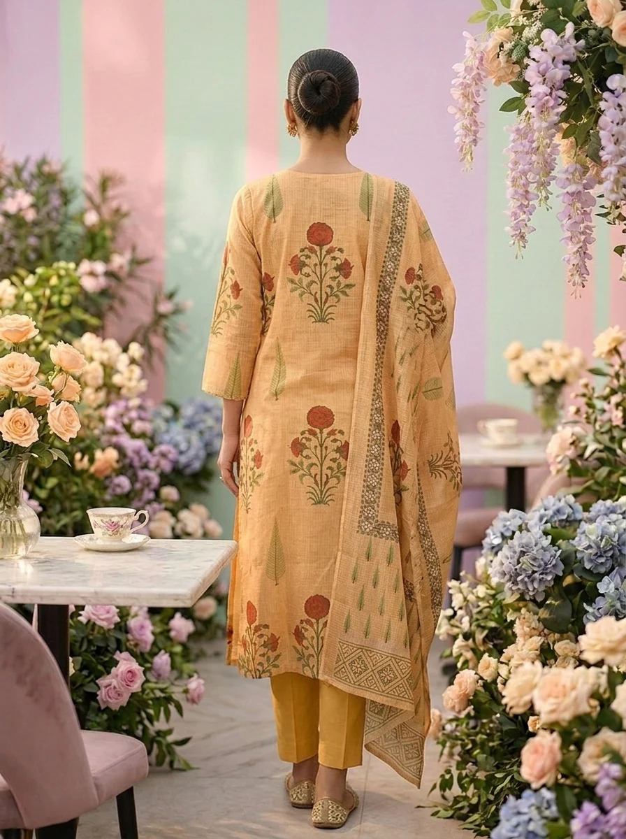 Gold Cotton Floral Printed Three Piece Set - Image 2