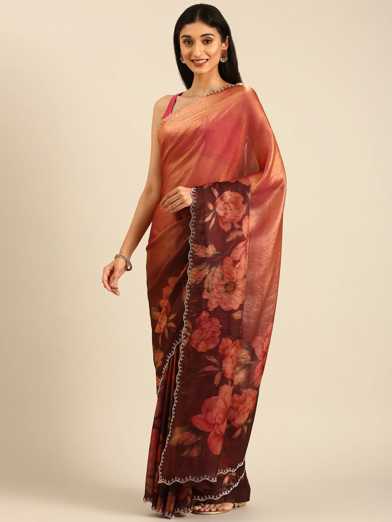 Gold & Maroon Floral Printed Jimmy Tissue Saree With Swarovski Embroidery - Image 4
