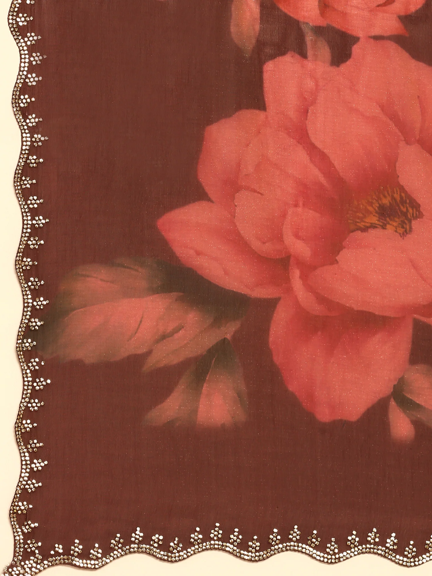 Gold & Maroon Floral Printed Jimmy Tissue Saree With Swarovski Embroidery - Image 5
