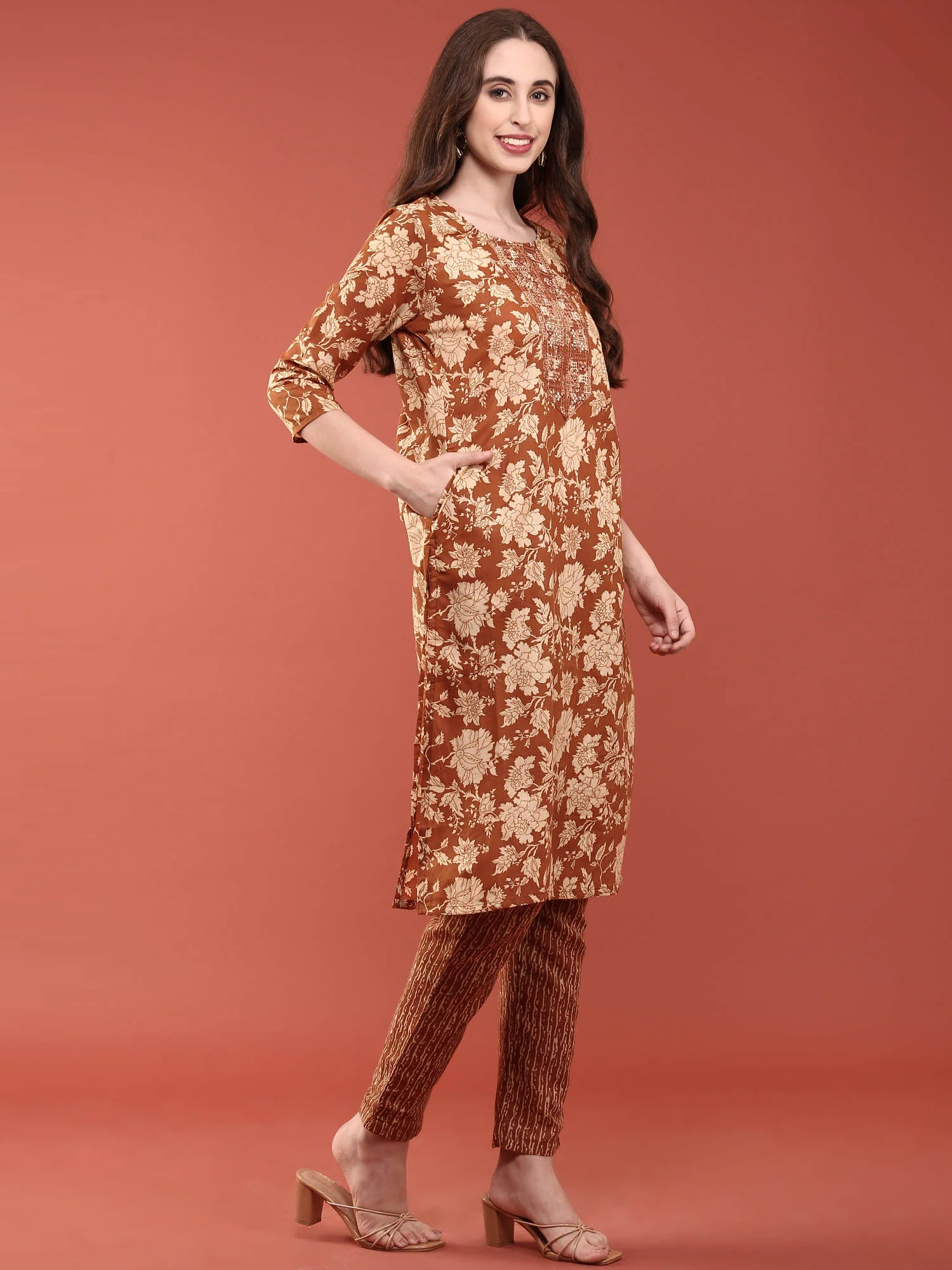 Gold Modal Silk Floral Digital Print Three Piece Set - Image 2